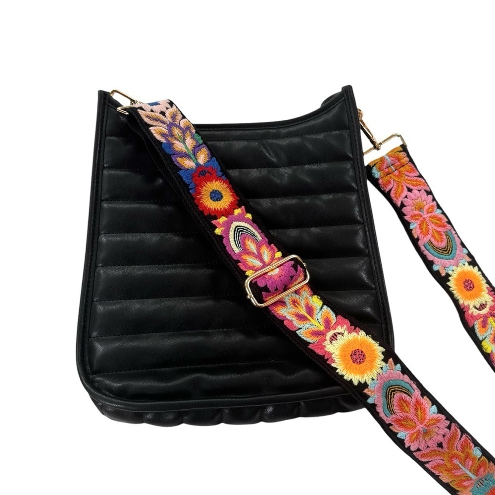 NWT Ah-Dorned Sarah Quilted Faux Leather Messenger Bag Black Embroidered Strap - Picture 4 of 15